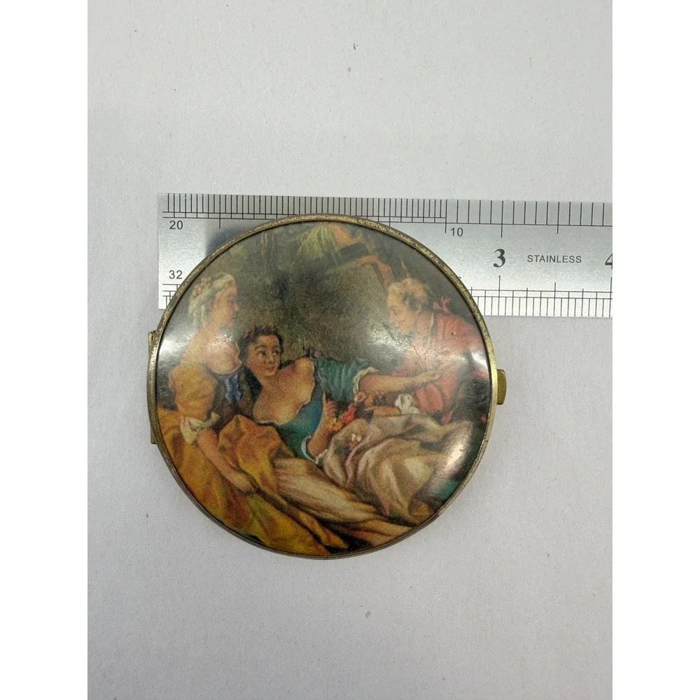 Vintage Gold Tone Round Double Compact Mirror Renaissance Fragonard Scene